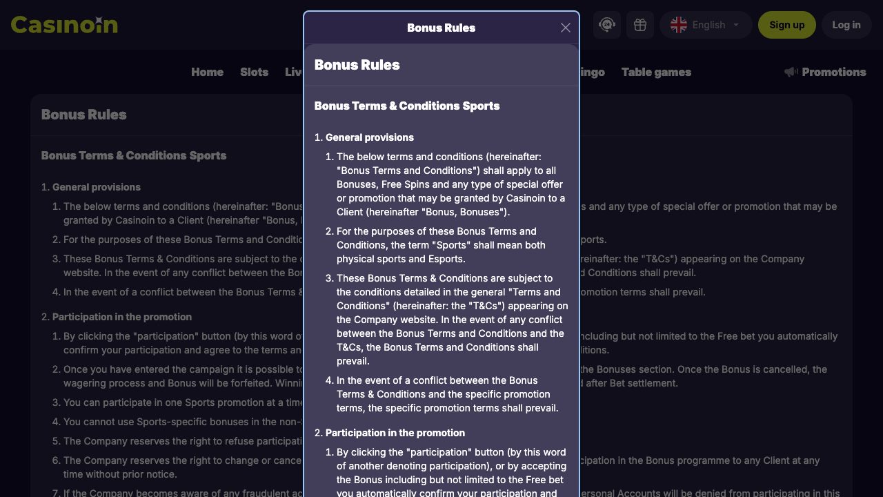 Casinoin Bonus Rules page showing the general bonus terms and conditions