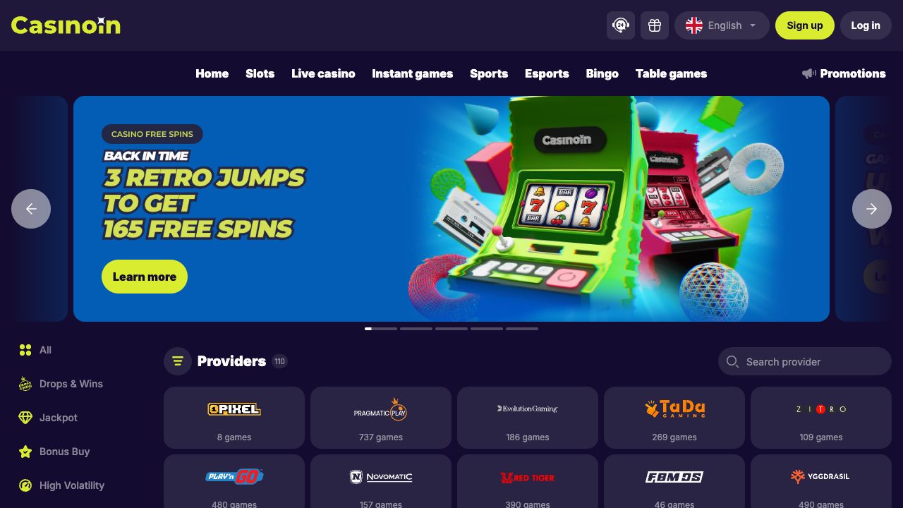 Casinoin providers page showing 110 game providers including Pragmatic Play and Evolution