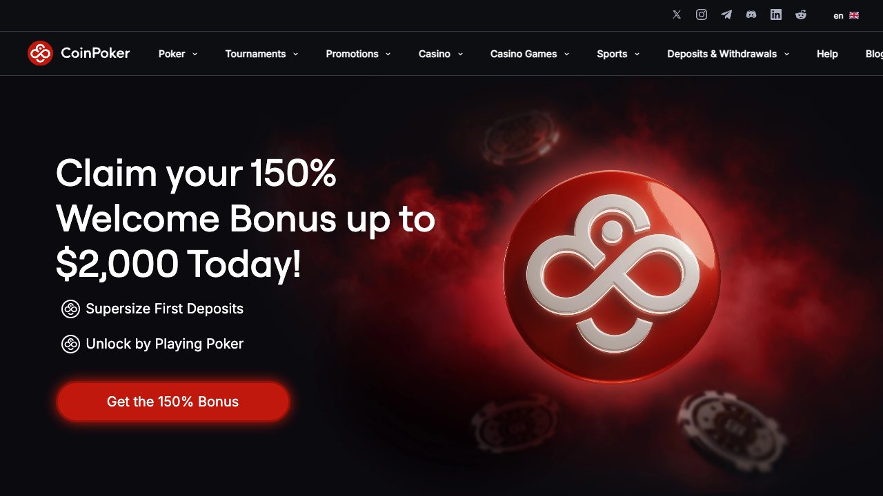 CoinPoker welcome bonus page offering a 150% bonus up to $2,000