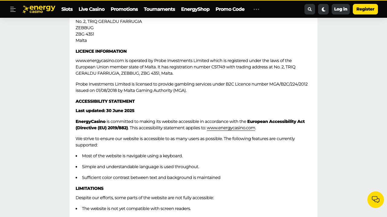 EnergyCasino licence information showing Probe Investments Limited and MGA licence number