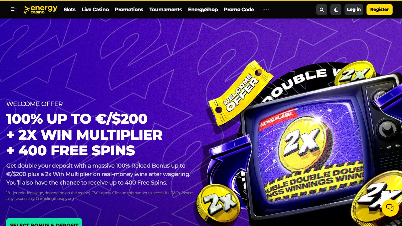 EnergyCasino welcome offer page showing 100% up to 200 plus 2x win multiplier and 400 free spins