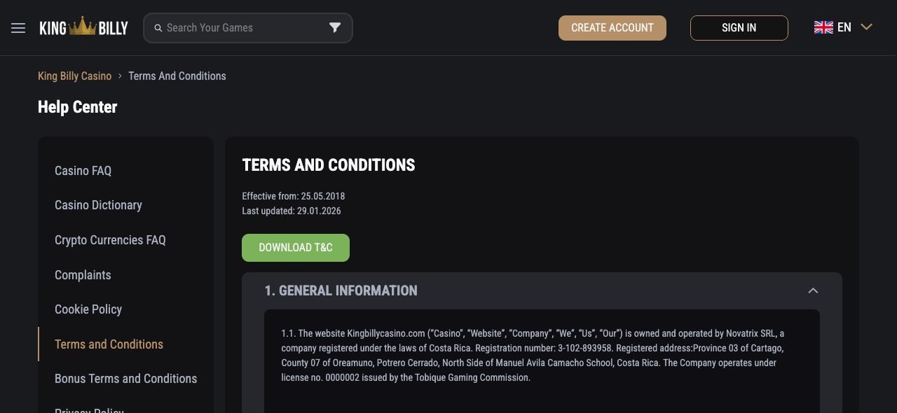 King Billy Casino terms and conditions naming Novatrix SRL and the Tobique Gaming Commission licence